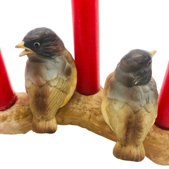 Vtg Lenox Japan Ceramic 3 Song Birds on Log Candle Holder w/ 5 Red Tapers - Picture 3 of 10